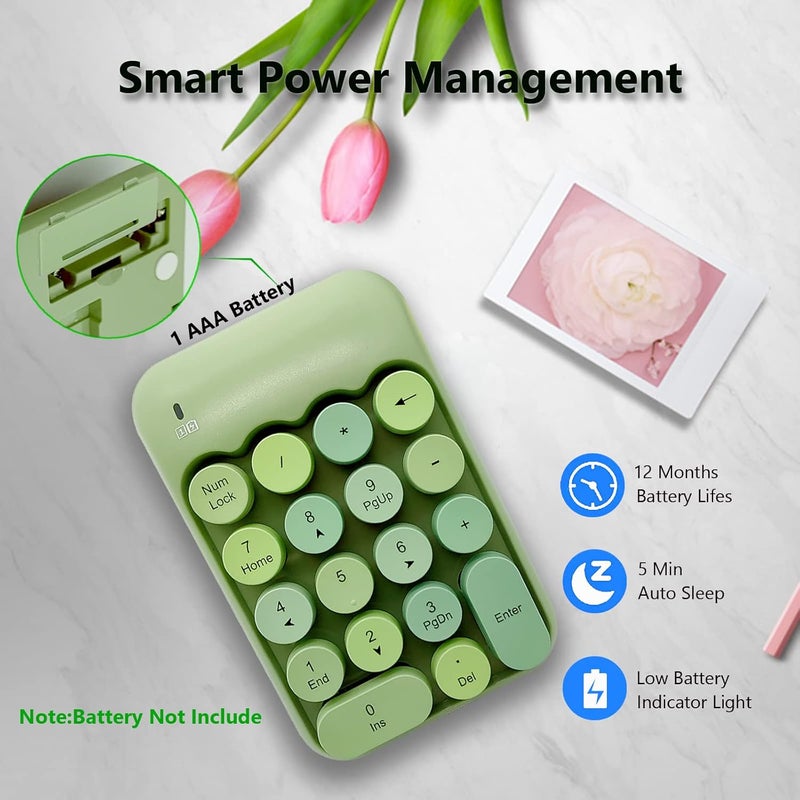 Seaciyan Wireless Number Pad, Ergonomic Cute Colorful Retro Mini Portable Numeric Keypad, 2.4G Cordless External Keyboard for Computer, Laptop (Green) - Image 4